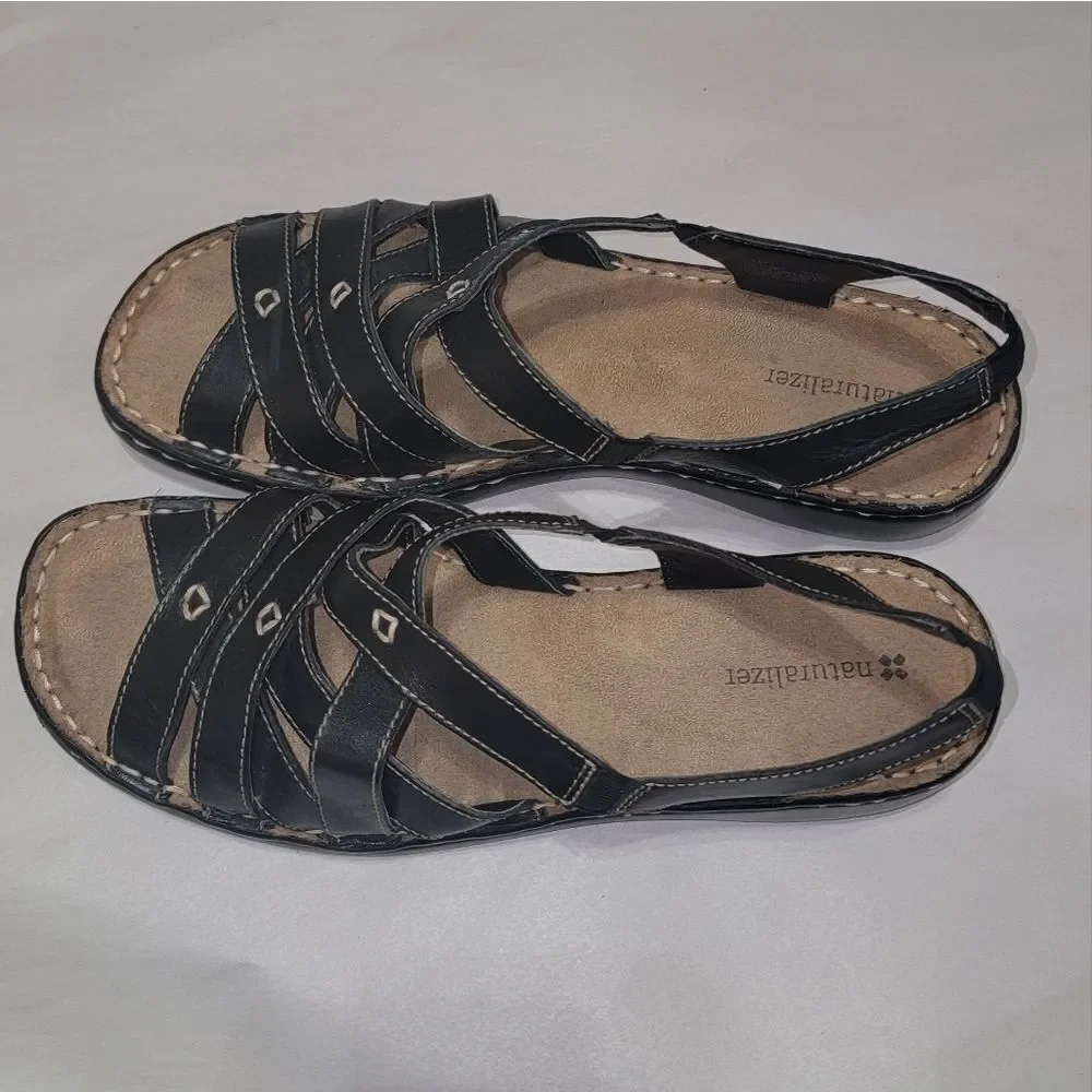 Naturalizer Craft Black Leather Strappy Comfort Sandals w Thick Stitching Sz 9.5